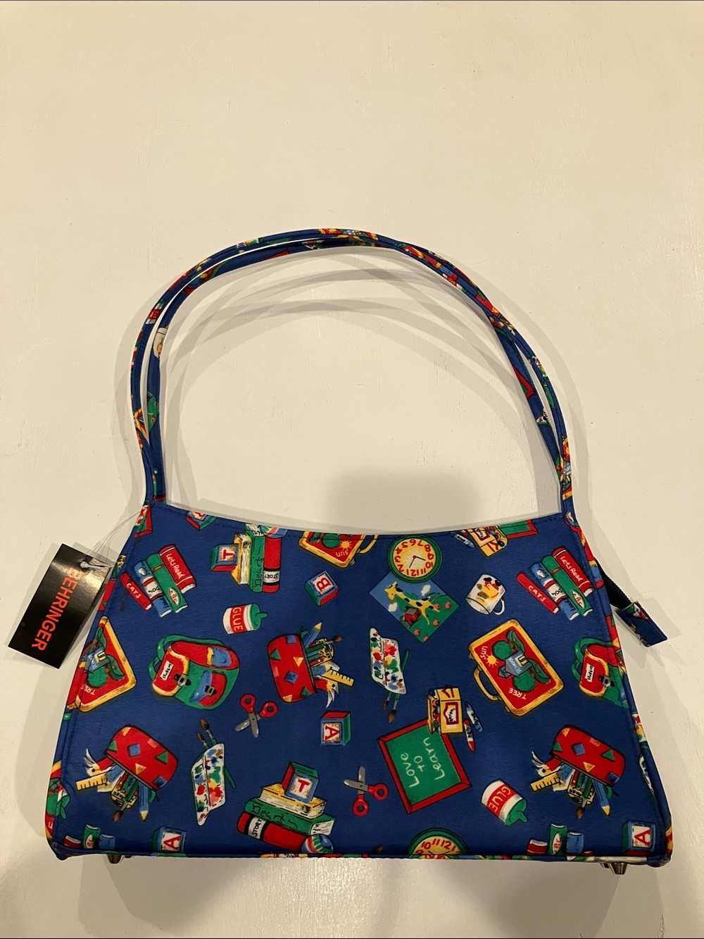 Blue Patterned Shoulder Bag with School-Themed Print